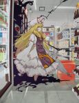  1girl blonde_hair bow breasts commentary contemporary dress frilled_dress frills gap_(touhou) hair_bow hat hat_ribbon highres indoors long_hair long_sleeves medium_breasts mob_cap purple_tabard red_bow red_ribbon ribbon ribbon-trimmed_dress ribbon_trim security_camera shop sleeves_past_fingers sleeves_past_wrists solo sonma1661 tabard touhou very_long_hair white_dress white_hat wide_sleeves yakumo_yukari yellow_eyes 