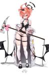  1girl absurdres ahoge arm_strap bandaid bandaid_on_leg bare_shoulders bikini black_bikini black_bow black_choker black_halo black_nails blue_archive blush bow braid breasts choker commentary_request demon_wings down_jacket earrings floral_print full_body hair_bow halo hammer highres holding holding_hammer huge_ahoge jacket jewelry korean_commentary looking_at_viewer mole mole_under_each_eye mole_under_eye multiple_moles navel neru_(blue_archive) not_forever2w open_clothes open_jacket orange_hair pubic_tattoo red_eyes short_hair simple_background single_braid skindentation skull_earrings small_breasts solo standing swimsuit tattoo thigh_strap thighhighs two_side_up white_background white_thighhighs wings 