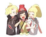  2girls arm_hug backpack bag beanie black_hair blonde_hair brother_and_sister closed_eyes gladio_(pokemon) hair_over_one_eye hat hood hoodie lillie_(pokemon) long_hair long_sleeves mizuki_(pokemon) multiple_girls open_mouth pokemon pokemon_(game) pokemon_sm ponytail red_hat shirt short_hair short_sleeves siblings simple_background tied_shirt torn_clothes unapoppo white_background white_shirt z-ring 