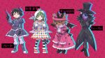  2boys 2girls animal_hat backpack bag bags_under_eyes black_bow black_coat black_gloves black_hair black_hat black_necktie black_pants black_shoes blush_stickers boots bow bright_pupils brown_eyes brown_fur butler_bowing center_frills character_name chicken_hat cloche_hat closed_mouth coat collared_shirt colored_skin commentary_request crossdressing crossdressing_(mtf) dress fever_(heisei_pistol_show) floral_print floral_print_dress frilled_dress frilled_shirt_collar frilled_wrist_cuffs frills gloves green_hair grey_boots grey_dress grin gun hair_between_eyes hairband handgun hat hat_bow heart_(heisei_pistol_show) heisei_pistol_show highres holding holding_gun holding_weapon hunched_over imojya_1111 juliet_sleeves knee_boots loafers lolita_fashion lolita_hairband long_sleeves mittens multiple_boys multiple_girls necktie one_eye_closed ouji_fashion pants pantyhose patchwork_clothes pigeon-toed pink_background pink_dress pink_hat platform_shoes print_dress puffy_sleeves purple_shirt purple_skin red_boots sanpaku satellite_dish sharp_teeth shirt shoes short_hair sleeves_past_fingers sleeves_past_wrists smile striped_clothes striped_pantyhose teeth thighhighs tokimeki_(heisei_pistol_show) tongue tongue_out top_hat tyoveriba_(heisei_pistol_show) weapon white_dress white_mittens white_pupils white_thighhighs wide_sleeves wolf_girl wrist_cuffs zettai_ryouiki 