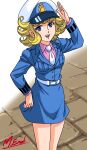  1970s_(style) 1girl absurdres belt blonde_hair blue_eyes blue_jacket brick_floor curly_hair hana_no_ko_lunlun hat highres jacket long_sleeves looking_at_viewer lunlun_(hana_no_ko_lunlun) masaaki_endo necktie official_alternate_costume pink_shirt police police_uniform policewoman retro_artstyle salute shirt short_hair sidelocks signature smile solo white_belt white_necktie 
