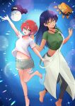  2girls absurdres amate_yuzuriha anklet beanie blue_eyes bra_strap commentary_request conch_(gundam) dark-skinned_female dark_skin gundam gundam_gquuuuuux haro hat highres jewelry long_hair midriff_peek multiple_girls necklace nyaan_(gundam_gquuuuuux) overalls purple_hair red_hair shirt short_hair shorts stomach t-shirt xcua4574 yellow_eyes 