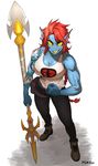  big_breasts blue_skin breasts cleavage clothed clothing ear_fins female fin footwear grin hair holding_object holding_weapon humanoid long_hair marine melee_weapon muscular muscular_female open_mouth pants polearm ponytail red_hair schewiener sharp_teeth shirt shoes signature smile spear tank_top tattoo teeth undertale undyne video_games weapon yellow_eyes yellow_sclera 