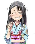  774_(nanashi) black_hair blush brown_eyes ear_clip ear_piercing grin hair_ornament hairclip ijiranaide_nagatoro-san japanese_clothes kimono long_hair looking_at_viewer nagatoro one_eye_closed piercing simple_background smile solo tears white_background 