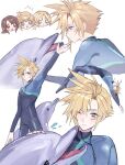  1girl 3boys :o ^^^ alternate_costume animal ao_ringo_(yakirinngo_ha) arm_up black_eyes blonde_hair blue_bodysuit blue_eyes bodysuit brown_eyes brown_hair chibi closed_eyes cloud_strife commentary_request dissidia_final_fantasy diving_suit dolphin expressionless final_fantasy final_fantasy_ix final_fantasy_vii final_fantasy_xv garnet_til_alexandros_xvii green_eyes highres jumping low_ponytail male_focus multiple_boys multiple_views one_eye_closed open_mouth parted_lips petting ponytail prompto_argentum short_hair short_ponytail solo_focus spiked_hair surprised sweatdrop water_drop wetsuit whistle whistle_around_neck white_background zidane_tribal 