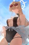 1girl aviator_sunglasses black_one-piece_swimsuit blue_archive blue_sky breasts brown-tinted_eyewear brown_hair commentary earrings feathered_wings halo highres jewelry long_hair looking_at_viewer low_wings medium_breasts nagisa_(blue_archive) nagisa_(swimsuit)_(blue_archive) official_alternate_costume official_alternate_hairstyle one-piece_swimsuit outdoors parted_lips ponytail sky solo sunglasses swimsuit tinted_eyewear white_wings wings yidh_79 
