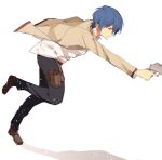  1boy angel_beats! black_pants blue_hair brown_shoes closed_mouth commentary_request fighting_stance floating_clothes from_side full_body gun handgun hinata_hideki holding holding_gun holding_weapon jacket long_sleeves looking_at_viewer male_focus o.z._(okome1026okome) open_clothes open_jacket pants profile shinda_sekai_sensen_uniform shirt shoes short_hair sideways_glance simple_background sketch smile solo standing standing_on_one_leg weapon white_background white_shirt yellow_jacket 