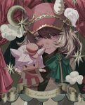  absurdres animal_ears bow brown_hair character_name closed_mouth commentary ear_covers ears_through_headwear hair_between_eyes hand_puppet hat highres horse_ears horse_girl jacket kago1zq long_sleeves looking_at_viewer making-of_available marche_lorraine_(racing)_(umamusume) marche_lorraine_(umamusume) mismatched_ear_covers puppet purple_eyes smile solo umamusume white_jacket 