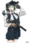  1girl absurdres artist_name black_necktie black_skirt brown_gloves check_weapon combat_helmet commentary cropped_legs ear_protection earphones english_commentary epakim flux_raider gloves green_hair gun handgun helmet highres holding holding_gun holding_weapon load-bearing_equipment looking_at_viewer necktie night_vision_device original shirt sig_sauer sig_sauer_p320 simple_background skirt solo suppressor twitter_username walkie-talkie weapon weapon_request white_background white_shirt yellow_eyes 
