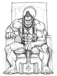  balls barazoku biceps black_and_white chair dreadlocks fangs flaccid hair hammer humanoid jewelry long_hair male monochrome muscular necklace nude orc pecs penis pointy_ears ponytail schizoid sharp_teeth solo teeth thrall throne tools warcraft warhammer 
