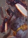  1boy absolute_batman absolute_dc back_spikes bat_mask batman batman_(absolute_dc) batman_symbol belt bodysuit cowl dc_comics dual_wielding grey_bodysuit highres holding holding_knife jim_lee knife male_focus multicolored_suit muscular muscular_male solo superhero_costume taut_bodysuit taut_clothes two-tone_suit utility_belt vivmeybuyan 