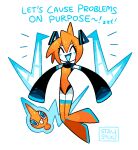  1girl ^_^ ahoge artist_name boots closed_eyes english_text hatsune_miku leotard orange_boots orange_hair orange_leotard pokemon pokemon_(creature) rotom rotom_(normal) sleeves_past_fingers sleeves_past_wrists socky triangle_mouth twintails vocaloid white_background 