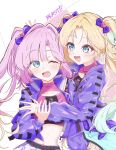  2girls :d ;d above-cleavage_cutout anyoji_hime blast!!_(love_live!) blonde_hair blue_hair clothing_cutout collarbone commentary crop_top cropped_shirt gradient_hair hair_intakes highres jacket long_sleeves looking_at_another love_live! love_live!_hasu_no_sora_jogakuin_school_idol_club mira-cra_park! momiji_(moj_0404) multicolored_hair multiple_girls navel one_eye_closed open_clothes open_jacket open_mouth osawa_rurino pink_hair pink_shirt purple_jacket shirt smile song_name stomach twintails upper_body virtual_youtuber 