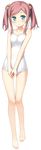 absurdres bangs bare_legs bare_shoulders barefoot blue_eyes blush breasts chiyoda_momoka collarbone eyebrows_visible_through_hair fingernails full_body hair_ornament hands_together highres kantoku koi_suru_kanojo_no_bukiyou_na_butai long_hair looking_at_viewer one-piece_swimsuit pink_hair small_breasts smile solo standing swimsuit transparent_background twintails white_swimsuit 
