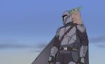  1boy alien ammunition_belt ammunition_pouch arm_guards armor belt black_assault_visor black_cape black_gloves black_pants black_shirt blue_sky breastplate brown_belt cape cloud colored_skin creature creature_on_shoulder din_djarin gloves green_skin grogu halorane helmet male_focus mandalorian mandalorian_armor mandalorian_helmet on_shoulder outdoors pants pointy_ears pouch shirt shoulder_armor sky star_wars the_mandalorian thigh_armor upper_body 