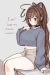  1girl ahoge bandaid bandaid_on_face bandaid_on_nose black_choker blue_bow blue_sweater blush bow breasts brown_eyes brown_hair brown_shorts choker closed_mouth commentary english_commentary fingernails grey_background hair_bow hair_intakes heart heart-shaped_lock heart_ahoge heart_collar highres indie_virtual_youtuber large_breasts long_hair long_sleeves midriff_peek nail_polish sad shorts sitting sky_above_me sky_above_me_(vtuber) solo sweater tearing_up thighs virtual_youtuber 