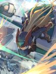  1boy absurdres aircraft android armor battle black_eyes blonde_hair closed_mouth cloud cloudy_sky commentary_request dynamic_pose energy_sword falling floating_hair forehead_jewel helmet highres holding holding_sword holding_weapon humanoid_robot long_hair looking_at_viewer male_focus mega_man_(series) mega_man_zero_(series) mega_man_zero_2 midair omochi_(mochi_skymega) outdoors pantheon_(mega_man) red_armor red_helmet robot serious sky slashing solo_focus sword weapon z_saber zero(z)_(mega_man) zero_(mega_man) 