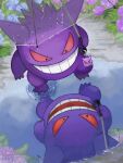  black_eyes blue_flower bush character_doll closed_mouth colored_sclera commentary_request doll flower gengar grin highres holding holding_umbrella looking_at_reflection no_humans open_mouth p_ora77 pokemon pokemon_(creature) pokemon_focus puddle purple_flower red_sclera reflection reflective_liquid ripples smile standing teeth transparent transparent_umbrella umbrella water 