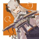  2girls anger_vein arknights black_choker black_skirt border choker closed_eyes commentary_request demon_girl demon_horns dragon_girl dragon_horns drone dutch_angle grey_hair hair_between_eyes highres horns ifrit_(arknights) jacket long_hair long_sleeves multiple_girls mush_(fingalphoneix) open_mouth orange_background orange_eyes puff_of_air saria_(arknights) shirt short_twintails simple_background skirt solo_focus spoken_anger_vein spoken_sweatdrop sweatdrop teeth twintails two-tone_background upper_body upper_teeth_only white_border white_jacket white_shirt 