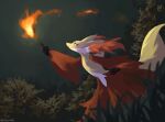  1other closed_mouth commentary_request delphox fire fluffy from_side furry highres holding holding_torch john_(kyoj) other_focus outdoors pokemon pokemon_(creature) pokemon_focus red_eyes smile solo standing tail torch twitter_username 