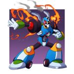  1boy armor blue_armor blue_helmet border commentary electric_fan english_commentary fighting_stance fire full_body gloves helmet highres humanoid_robot mega_man_(classic) mega_man_(series) mega_man_7 outside_border purple_background red_eyes robot robot_ears shoulder_armor simple_background smoke solo toastiepumpkin turbo_man wheel white_border white_gloves 