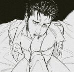  2boys bara bottomless collarbone commentary finger_in_another's_mouth greyscale higuruma_hiromi jujutsu_kaisen looking_at_viewer male_focus monochrome multiple_boys nipples on_bed open_clothes open_shirt pov pov_hands shirt short_hair sitting smokerichi teeth yaoi 