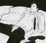  1boy arms_behind_back belt boxer_briefs closed_mouth collarbone commentary greyscale highres higuruma_hiromi jujutsu_kaisen lying male_focus male_underwear monochrome navel necktie nipples on_back on_bed open_clothes open_fly open_shirt pants pillow pubic_hair pubic_hair_peek rope short_hair sideburns smokerichi solo underwear 