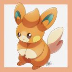  blush_stickers border brown_eyes closed_mouth commentary_request from_side full_body highres kuchiba_(jret2454) light_frown no_humans orange_border outside_border pawmi pokemon pokemon_(creature) pokemon_focus signature simple_background solo standing tail white_background 