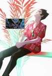  1boy black_eyes black_hair black_pants closed_mouth collarbone commentary_request fan_request feet_out_of_frame floral_print floral_print_shirt hair_slicked_back hawaiian_shirt head_back highres kaiki_deishuu koimonogatari looking_up male_focus monogatari_(series) on_bench own_hands_together palm_leaf pants print_shirt request_inset shirt short_hair simple_background sitting solo sunglasses translation_request untucked_shirt unworn_eyewear usurai_rairai wavebox white_background 