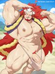  1boy abs absurdres bara beard biceps broad_shoulders commentary earrings english_commentary facial_hair highres huge_pectorals jewelry long_hair looking_at_viewer male_focus male_pubic_hair migi_(yomi_no_tsugai) multicolored_hair muscular muscular_arms muscular_male navel nipples outdoors pectorals penis pubic_hair red_hair sky small_horns solo streaked_hair sweat tevit_(tevit15) thick_thighs thighs two-tone_hair undersized_clothes veins very_long_hair yomi_no_tsugai 