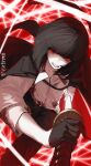  1girl absurdres baichu_(83216) black_gloves black_hair black_jacket black_pants blood blood_on_clothes bob_cut clenched_teeth collared_shirt commentary gloves highres jacket jacket_on_shoulders limbus_company looking_at_viewer pants project_moon ryoshu_(project_moon) sheath shirt short_hair sidelocks slashing solo sword teeth unsheathing v-shaped_eyebrows weapon white_shirt 