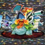  aqua_eyes arita_mitsuhiro_(style) blastoise blue_fire breath_weapon breathing_fire bright_pupils cannon charizard closed_mouth commentary derivative_work dragon dragon_wings english_commentary fangs faux_retro_artstyle fire flower highres leaf mega_blastoise mega_charizard_x mega_charizard_y mega_pokemon mega_venusaur no_humans nostrils official_art_redraw official_style open_mouth outline parody plant pokemon pokemon_(creature) pokemon_focus pokemon_tcg purple_eyes rcortezdraws red_eyes smile starter_pokemon_trio style_parody sugimori_ken_(style) tongue twitter_username venusaur vines watermark white_outline white_pupils wings 