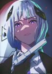  1girl black_gloves black_jacket blunt_bangs cevio collared_shirt commentary_request gloves gun hair_ornament handgun highres holding holding_gun holding_weapon jacket kafu_(cevio) looking_at_viewer low_twintails m1911 medium_hair parted_lips purple_eyes raylin1998_p shirt solo twintails weapon white_hair white_shirt 