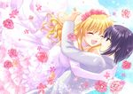  1girl ^_^ black_hair blonde_hair blue_eyes bridal_veil closed_eyes dress elbow_gloves flower gloves hug kanon_(umineko) maekawa_suu open_mouth pink_flower pink_rose rose smile umineko_no_naku_koro_ni ushiromiya_jessica veil wedding_dress white_gloves 