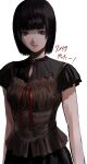  1girl above-cleavage_cutout absurdres amakura_mayu black_hair black_shirt bob_cut brown_camisole brown_eyes camisole camisole_over_clothes clothing_cutout commentary_request expressionless fatal_frame fatal_frame_ii:_crimson_butterfly frilled_camisole frills gauss_<bokashi highres looking_at_viewer red_ribbon ribbon shirt short_hair solo upper_body white_background 