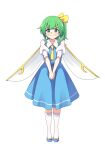  1girl ascot baba_(baba_seimaijo) blue_shoes blue_skirt blue_vest blush closed_mouth collared_shirt daiyousei fairy fairy_wings full_body green_eyes green_hair hair_ribbon highres kneehighs looking_at_viewer mary_janes medium_hair puffy_short_sleeves puffy_sleeves ribbon second-party_source shirt shoes short_sleeves side_ponytail simple_background skirt smile socks solo standing touhou transparent_background v_arms variant_set vest white_shirt white_socks wings yellow_ascot yellow_ribbon 