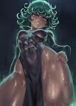 1girl aura bare_hips black_dress collared_dress commentary covered_abs covered_navel covered_nipples cowboy_shot dark_background dress english_commentary from_below frown green_eyes green_hair grey_background high_collar long_sleeves looking_at_viewer medium_hair mixed-language_commentary muscular muscular_female one-punch_man paid_reward_available simple_background solo standing sweat tatsumaki yilx 