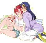  2girls amate_yuzuriha blush bra_strap commentary_request drink_carton gundam gundam_gquuuuuux hair_ornament highres juice_box kneeling korean_commentary long_hair long_sleeves mixed-language_commentary multiple_girls mwoham27313 nyaan_(gundam_gquuuuuux) one_eye_closed pants pillow purple_hair red_hair shoes short_hair shorts sitting white_background yuri 
