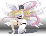  1girl angel angel_wings angewomon artist_request bandai blonde_hair breastplate breasts cameltoe covered_eyes curvy digimon female head_wings helmet huge_breasts long_hair multiple_wings no_bra wings 