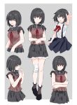  1girl :d ^_^ above-cleavage_cutout absurdres aged_down amakura_mayu arm_up arms_under_breasts bandaged_leg bandages black_hair black_shoes black_skirt bob_cut border bow bowtie breasts brown_camisole brown_eyes brown_socks camisole camisole_over_clothes center_frills closed_eyes closed_mouth clothing_cutout collared_shirt commentary cowboy_shot cropped_legs crossed_arms fatal_frame fatal_frame_ii:_crimson_butterfly frilled_shirt frilled_sleeves frills full_body grey_background hand_to_own_mouth hands_up heel_up highres isumi looking_ahead looking_at_viewer medium_breasts miniskirt multiple_views open_mouth outside_border own_hands_together pleated_skirt profile reaching reaching_towards_viewer red_bow red_bowtie shirt shoes short_sleeves simple_background skirt smile socks standing suspender_skirt suspenders sweatdrop upper_body white_border white_shirt 