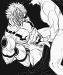  2boys arm_tattoo bara black_background chest_tattoo closed_mouth collarbone commentary earrings extra_arms extra_eyes fangs greyscale highres jewelry jujutsu_kaisen male_focus monochrome multiple_boys pectorals penis ryoumen_sukuna_(jujutsu_kaisen) ryoumen_sukuna_(true_form)_(jujutsu_kaisen) short_hair smokerichi stomach_mouth tattoo teeth tongue tongue_out yaoi 