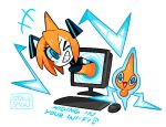  1girl artist_name blue_eyes computer_keyboard computer_mouse english_commentary english_text grin hatsune_miku monitor one_eye_closed orange_hair pokemon pokemon_(creature) rotom rotom_(normal) simple_background smile socky through_portal triangle_mouth twintails vocaloid white_background 