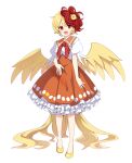  1girl animal_on_head baba_(baba_seimaijo) baby_animal bird bird_on_head bird_tail bird_wings blonde_hair breasts chick dress feathered_wings full_body highres multicolored_hair niwatari_kutaka on_head open_mouth orange_dress petticoat red_eyes red_hair second-party_source shoes short_sleeves simple_background small_breasts smile solo tail touhou transparent_background two-tone_hair wings yellow_shoes yellow_wings 