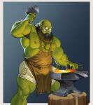  alt_text anvil apron bald bara beard belly biceps blacksmith blacksmith_tongs brown_apron colored_skin commentary english_commentary excessive_armpit_hair facial_hair feet_out_of_frame full_beard glowing_hot green_skin hairy highres holding holding_mallet holding_tongs long_beard mallet mature_male monster_boy muscular muscular_male orc original pointy_ears round_eyewear shorts simmersand smithing sparks sparse_leg_hair strongman_waist sweat thick_arm_hair thick_beard thick_chest_hair thighs tongs tusks white_shorts 