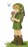  1boy 2hyu_00 belt blonde_hair boots bouquet brown_boots fairy flower full_body grass green_hat green_tunic hat highres holding holding_bouquet link looking_to_the_side male_focus navi on_ground pink_flower pointy_ears shield standing sword the_legend_of_zelda the_legend_of_zelda:_ocarina_of_time tulip tunic weapon young_link 