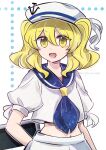  1girl anchor_symbol blonde_hair blue_neckerchief blue_sailor_collar commentary_request hat highres kitashirakawa_chiyuri long_hair looking_at_viewer midriff navel neckerchief open_mouth sailor_collar sailor_hat shirt short_sleeves smile solo tama_(hiroshige_36) touhou touhou_(pc-98) twintails twitter_username white_background white_shirt yellow_eyes 