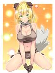  alternate_breast_size animal_ears blonde_hair breasts cleavage cosplay covered_nipples dog_ears dog_tail gen_7_pokemon green_eyes highres large_breasts lillie_(pokemon) long_hair pokemon pokemon_(game) pokemon_sm ponytail rockruff rockruff_(cosplay) solo tail takecha 