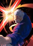  1boy attacking_viewer blood blood_on_face commentary_request cowboy_shot extra_drawing facial_hair foreshortening grey_hair grin haki_(one_piece) highres korean_commentary male_focus mature_male monkey_d._garp mustache necktie old old_man one_piece punching punching_viewer scar scar_on_face short_hair smile solo thick_mustache 