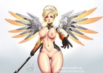  1girl adapted_costume areolae artist_name blonde_hair blue_eyes breasts mechanical_halo mechanical_wings mercy_(overwatch) midriff navel nipples overwatch parted_lips pussy renardart solo uncensored web_address 