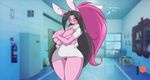  2018 anthro bedroom_eyes big_breasts big_hair black_hair blush breasts clothing covering covering_breasts curvaceous english_text female fur green_eyes hair half-closed_eyes horny_(disambiguation) hospital inside kyoko_usagi lagomorph long_hair mammal mastergodai multicolored_hair nurse nurse_uniform panties patreon pink_fur pink_hair ponytail rabbit rascals seductive smile text thick_thighs two_tone_hair underwear undressing uniform voluptuous wide_hips 